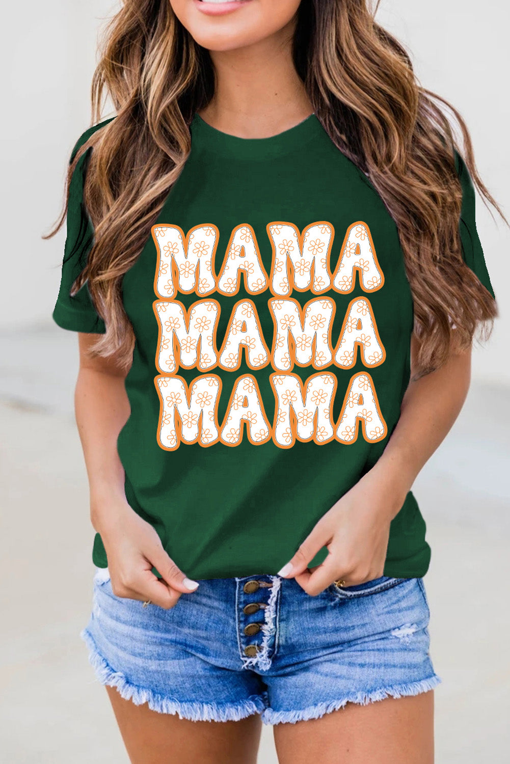 Green MAMA Flower Slogan Graphic Crew Neck T Shirt