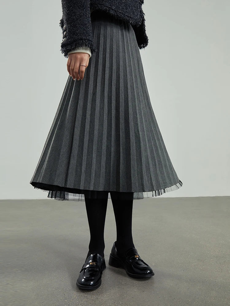 DUSHU Reversible Accordion Pleated Women Skirts Black Gray Long Puff Skirt High Waist 2022 Winter New Women A LINE Gauze Skirt