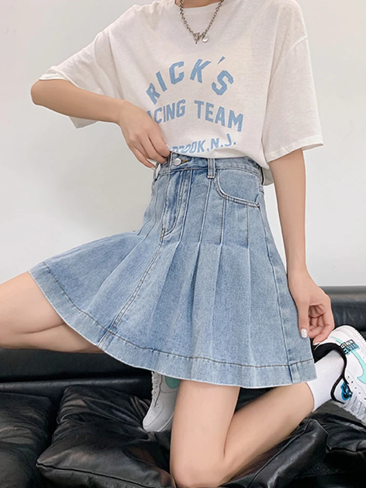 ZOKI Jean Women Pleated Skirts Summer High Waist Plus Size A Line Denim Skirts Blue Fashion Korean Casual Mini Skirts 5XL New