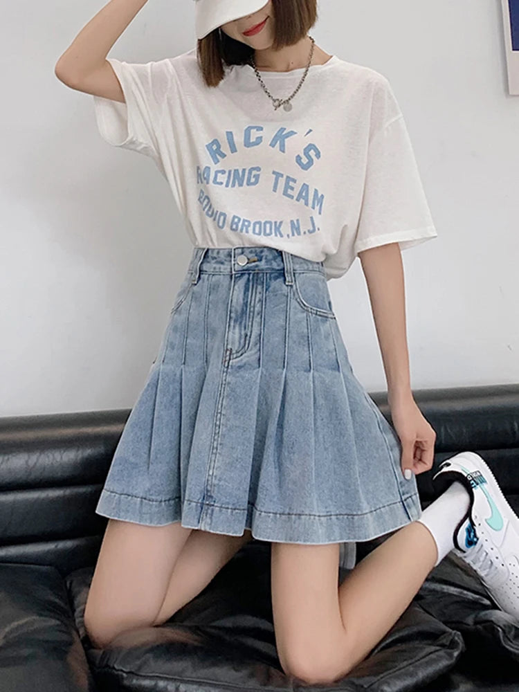 ZOKI Jean Women Pleated Skirts Summer High Waist Plus Size A Line Denim Skirts Blue Fashion Korean Casual Mini Skirts 5XL New