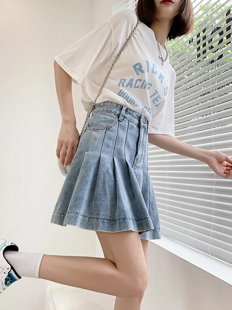 ZOKI Jean Women Pleated Skirts Summer High Waist Plus Size A Line Denim Skirts Blue Fashion Korean Casual Mini Skirts 5XL New