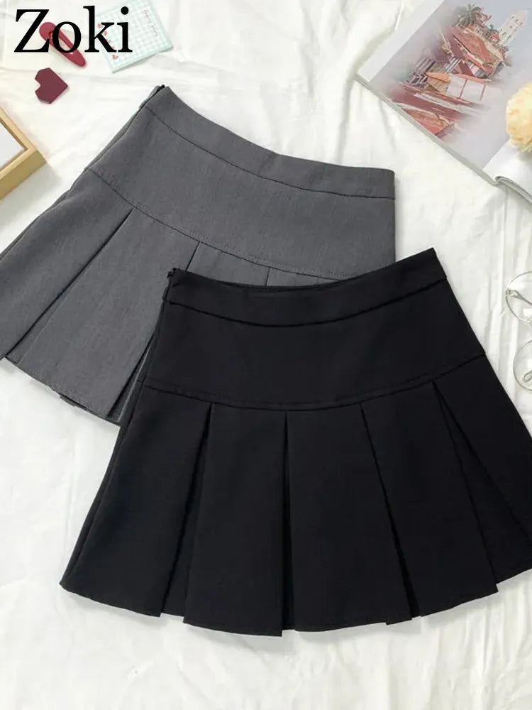 ZOKI  Vintage Gray Pleated Skirt Women Kawaii High Waist Mini Skirts Korean Fashion School Uniform Harajuku Streetwear Spring