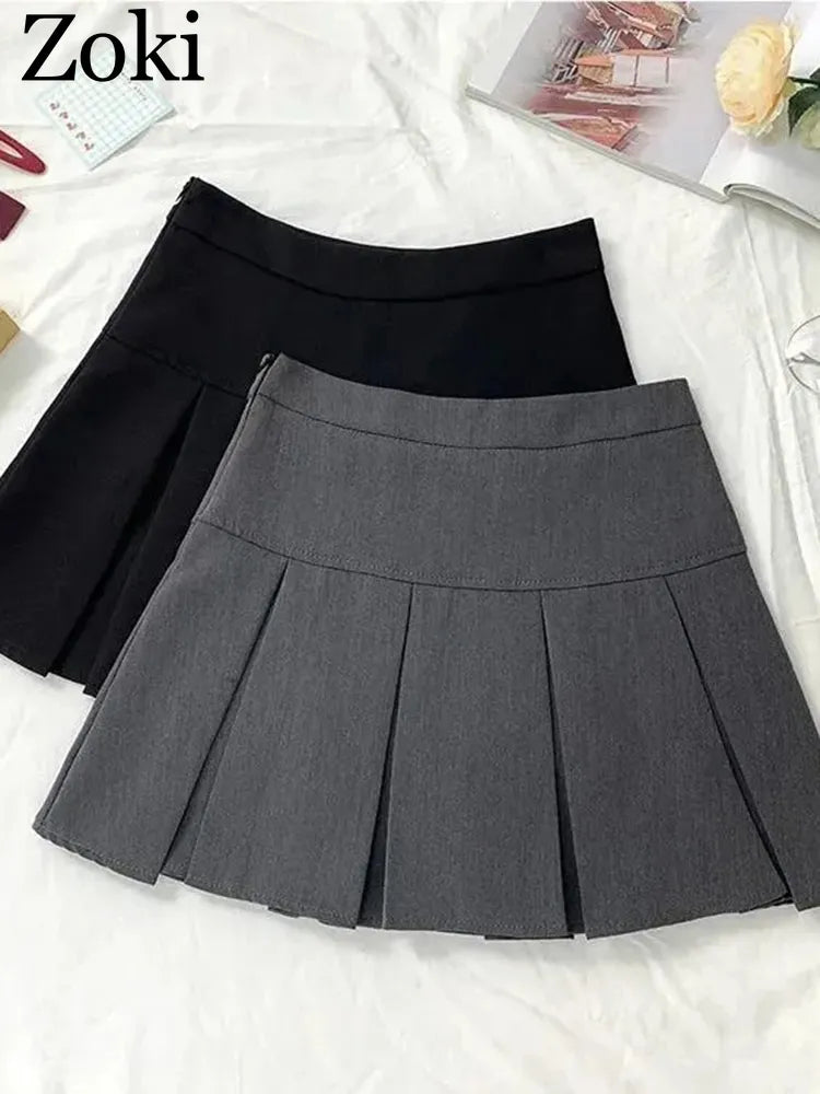 ZOKI  Vintage Gray Pleated Skirt Women Kawaii High Waist Mini Skirts Korean Fashion School Uniform Harajuku Streetwear Spring