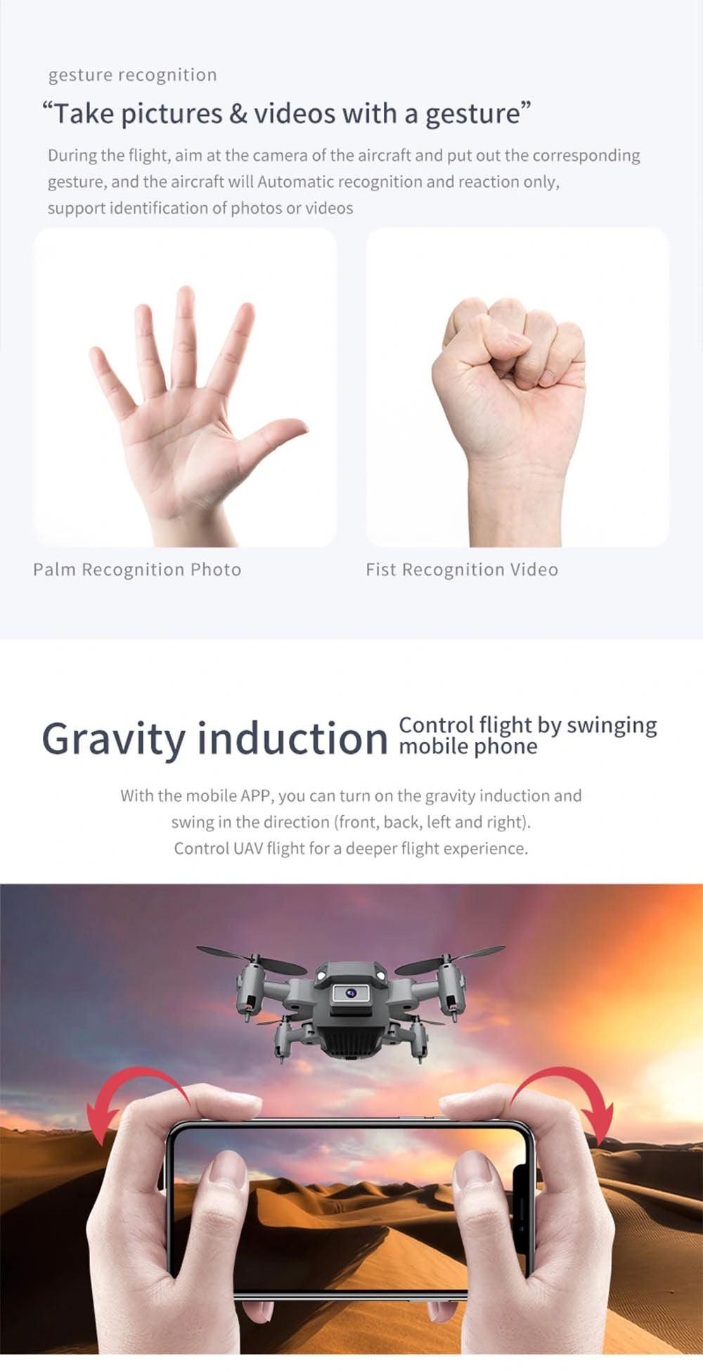 KY905 Mini Drone, gesture recognition "take pictures & videos with a gesture" the