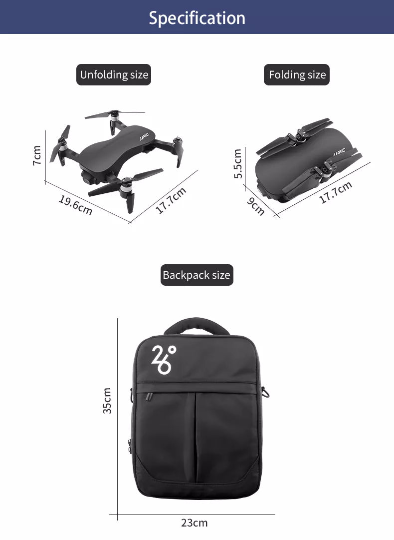 JJRC X12 Drone, Specification Unfolding size Folding size 8 0 Backpack size 25 0 23