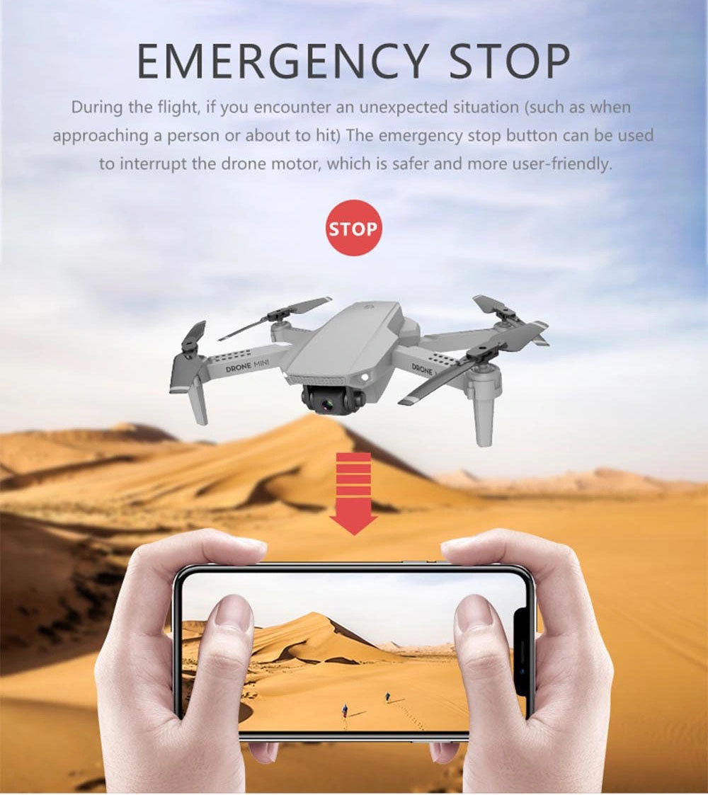 E88 Drone WiFi Fpv Mini Drone with Dual 4K HD Camera Wide-Angle Lens Mini Drone 22 E88 Drone, the emergency stop button can be used to interrupt the drone motor .
