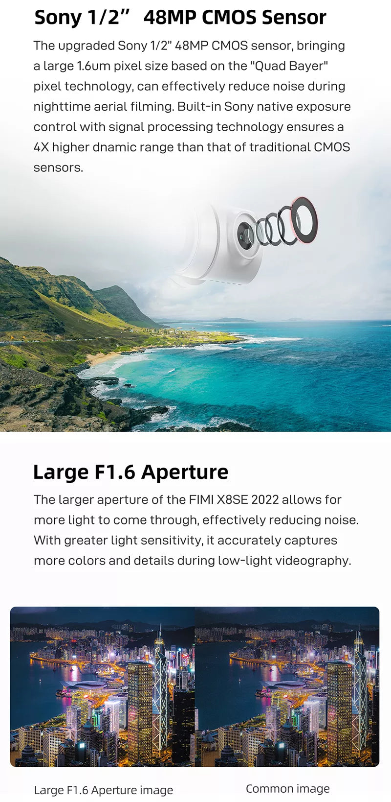 FIMI X8 SE 2022 Drone, Sony 1/2" 48MP CMOS sensor features a large 1.6um pixel size 