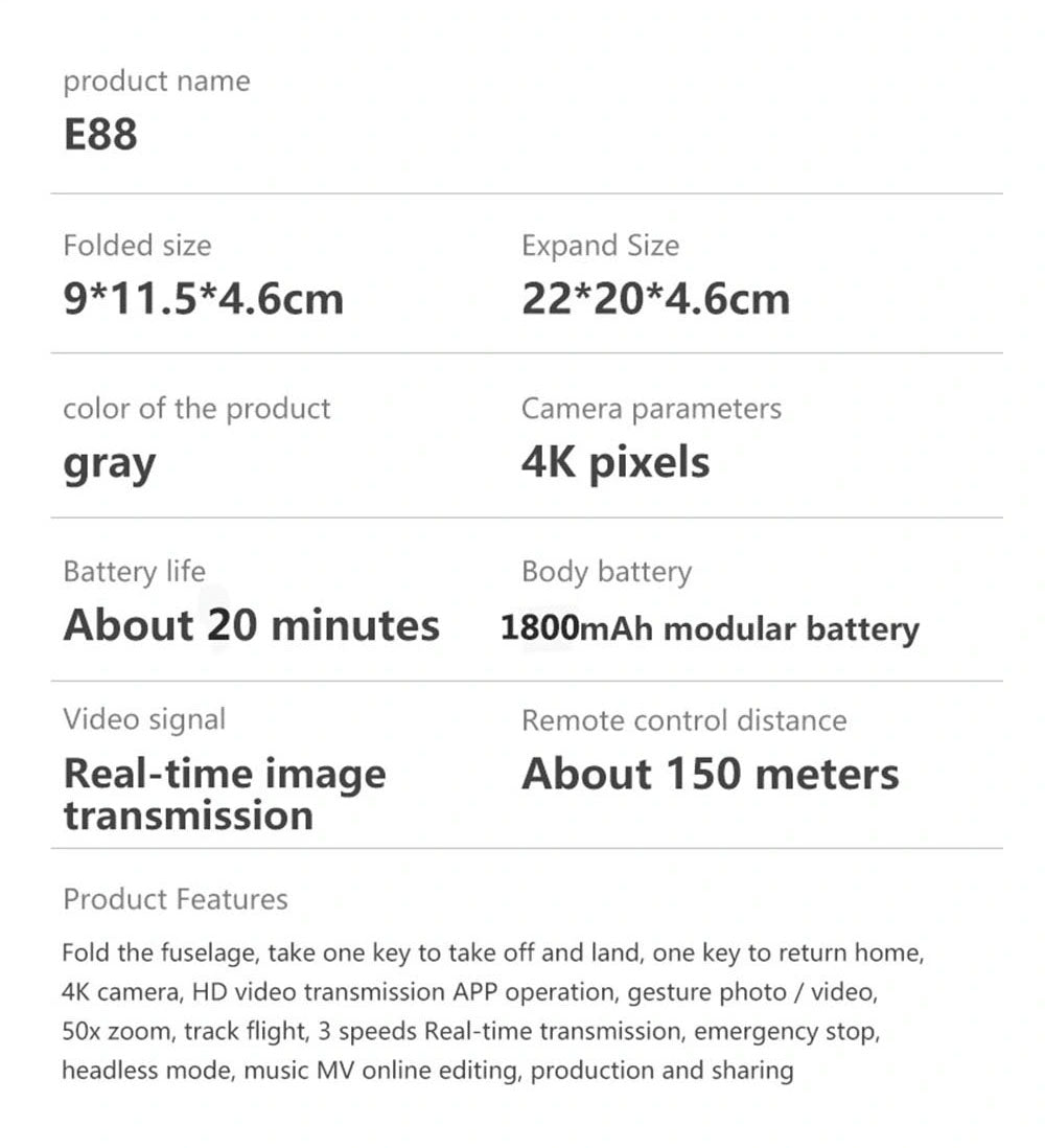 e88 drone parameters