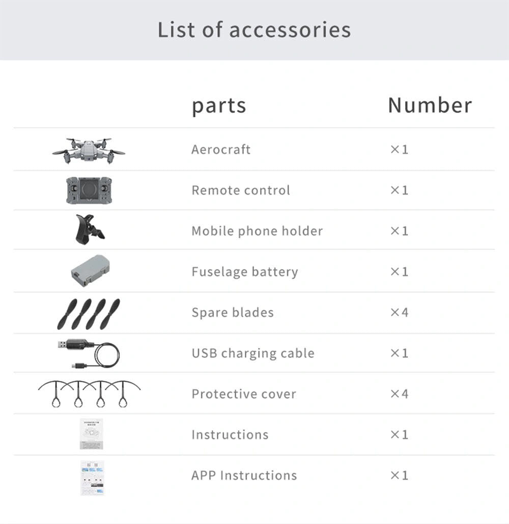 KY905 Mini Drone, list of accessories parts number aerocraft x1 remote control x