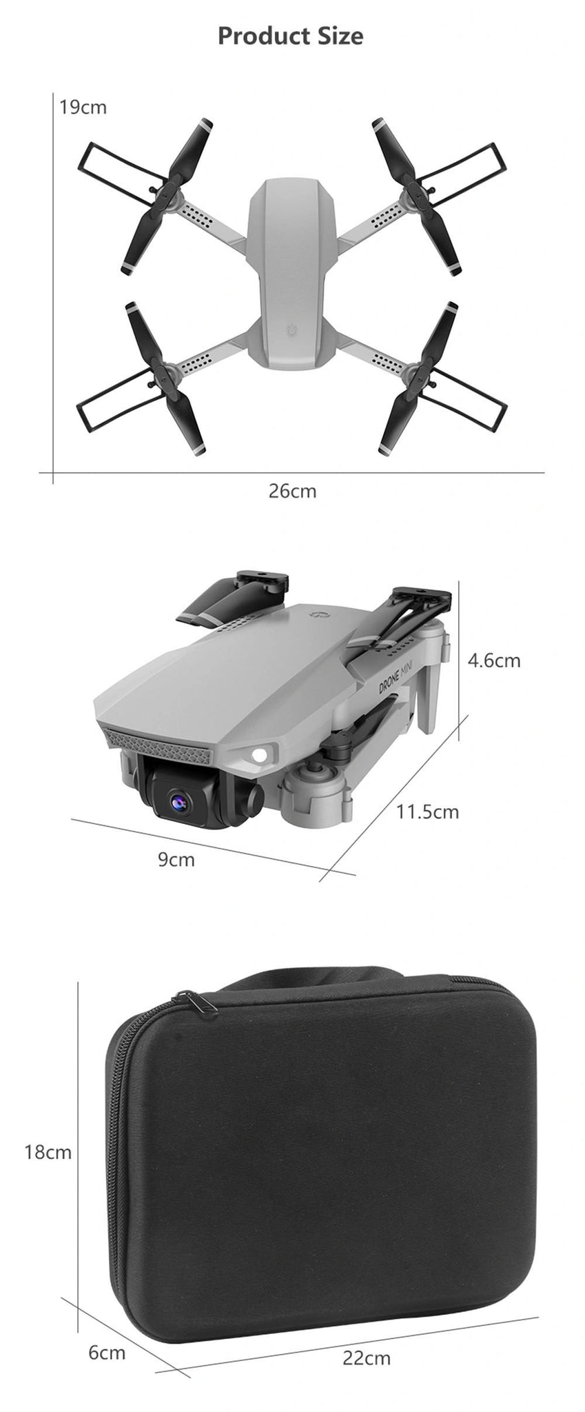 E88 Drone, product size 19cm 26cm n 4.6cm