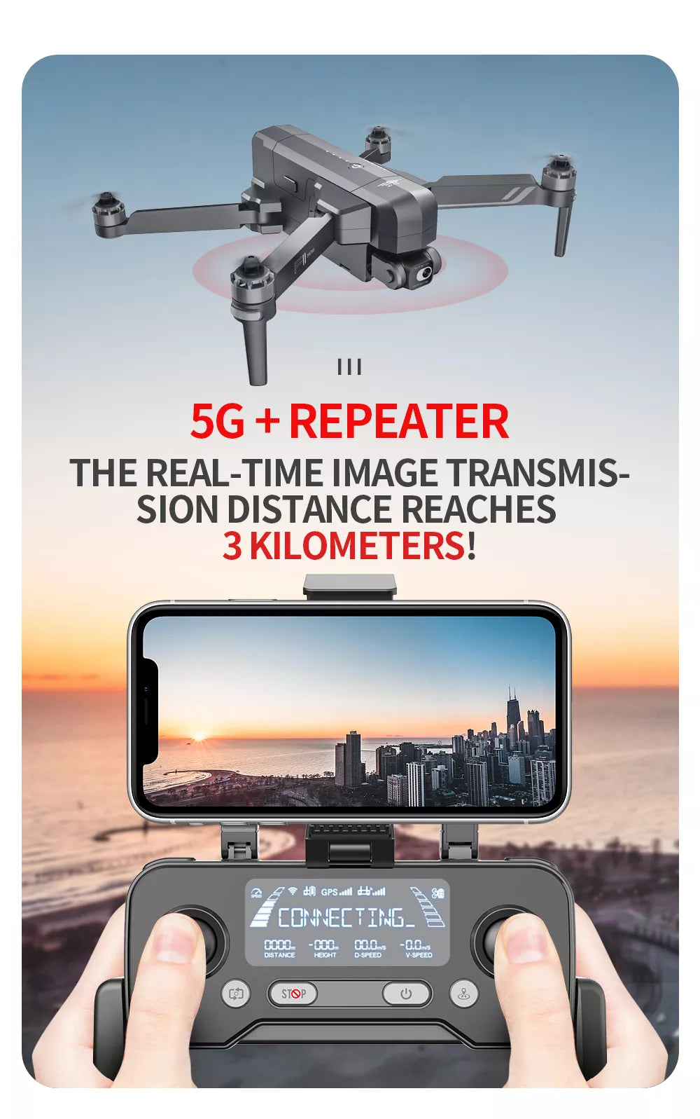 SJRC F11S 4K HD PRO Drone, REAL-TIME IMAGE TRANSMIS- SION DISTANCE REACHES 3