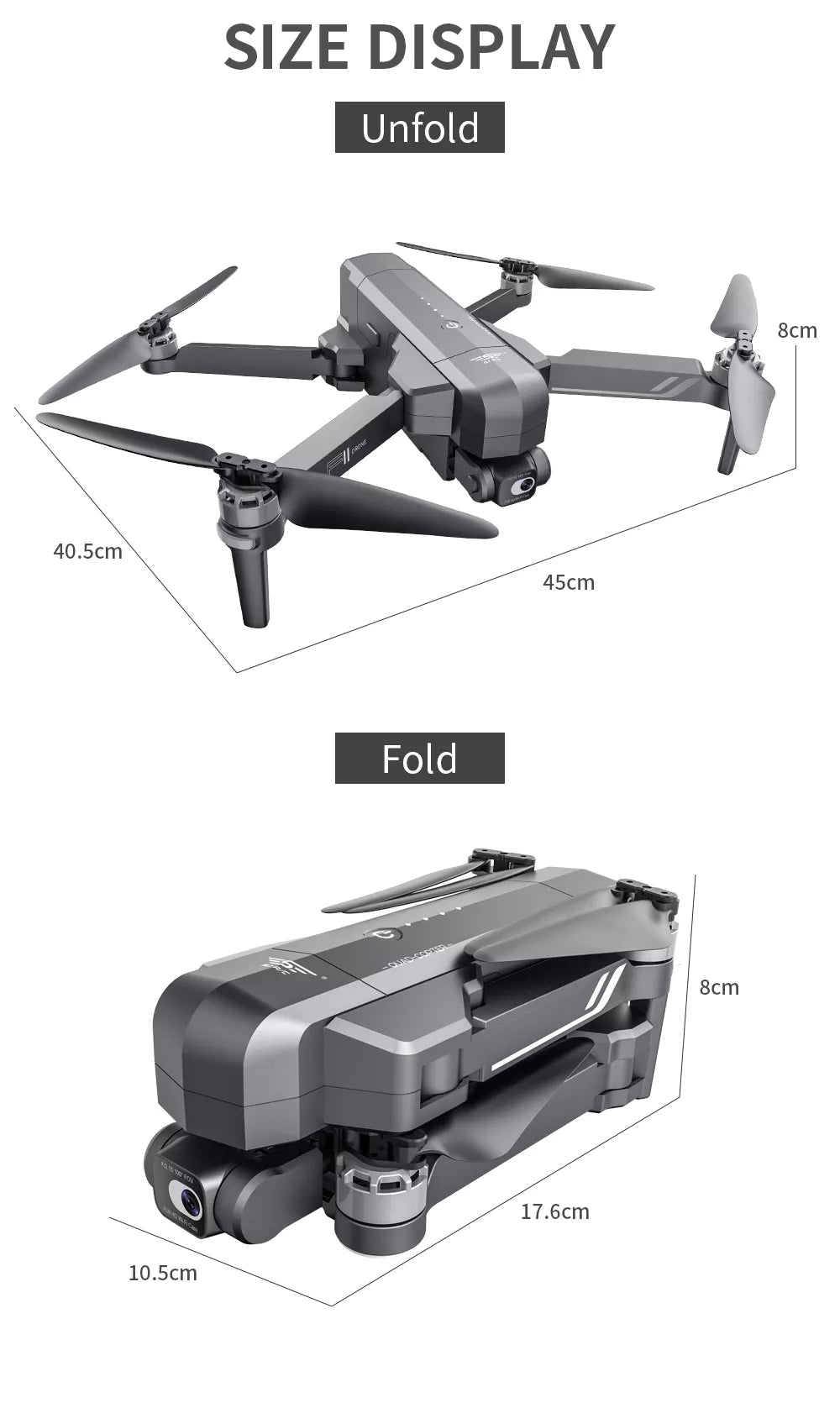 SJRC F11S 4K HD PRO Drone, SIZE DISPLAY Unfold 8cm 40.Scm 45cm