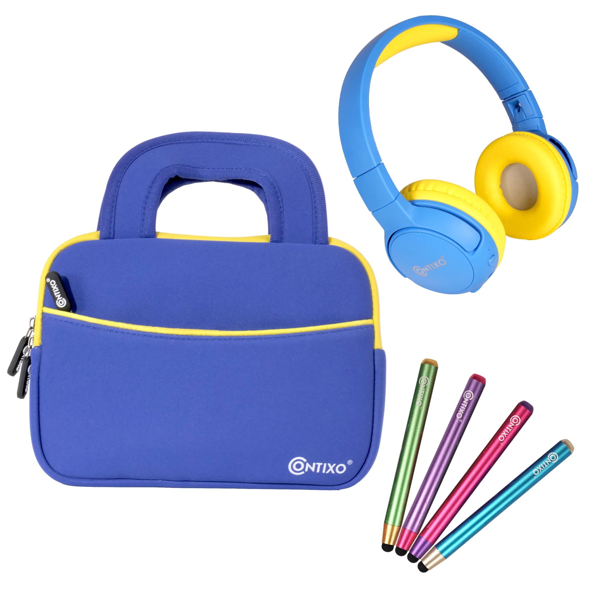 Contixo Kids Tablet Accessories Bundle -  Bluetooth Headphones, 4 Stylus Pens, and 10-inch Tablet Carrying Bag