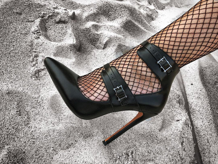 pointed buckle heels