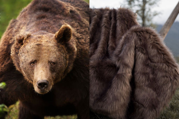 A fluffy brown long pile faux fur blanket that looks and feels like real fur from a brown bear.