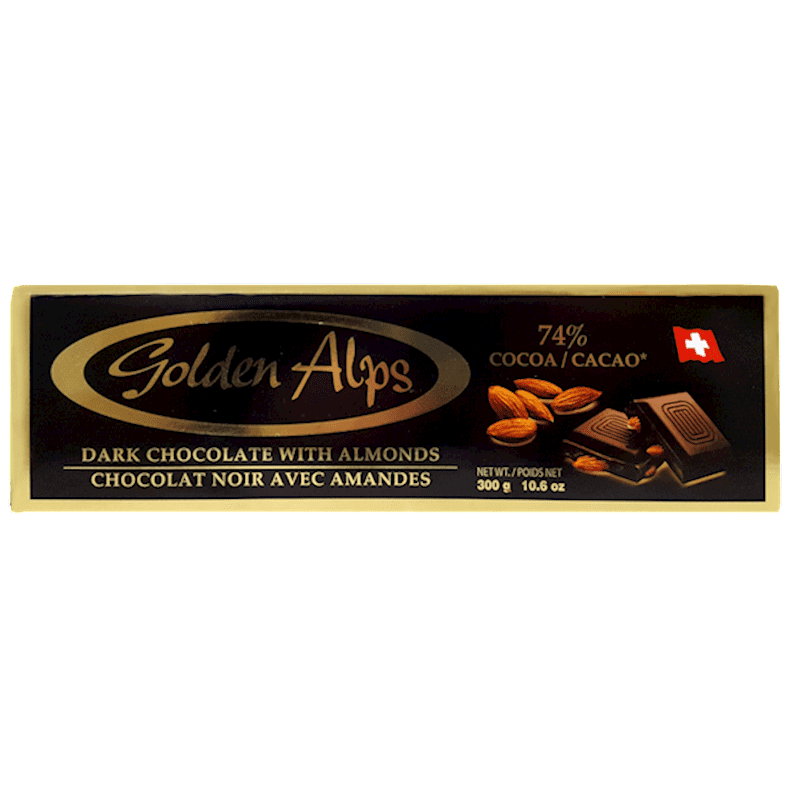 GOLDEN ALPS CHOCOLATE DARK 74% WITH ALMONDS  SWITZERLAND 300 GR