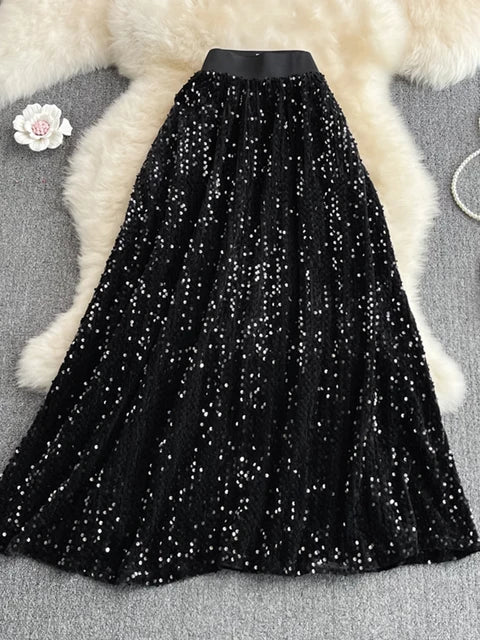 TIGENA Shiny Colorful Sequins Maxi Skirt Women 2023 New Korean Fashion Aesthetic A Line High Waist Long Skirt Female Jupe Femme