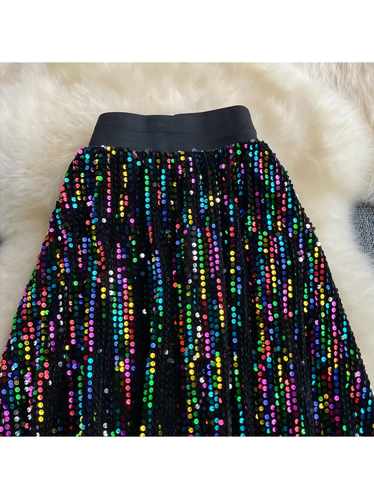 TIGENA Shiny Colorful Sequins Maxi Skirt Women 2023 New Korean Fashion Aesthetic A Line High Waist Long Skirt Female Jupe Femme