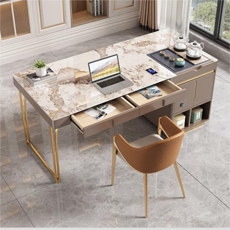 island table with drawers opened