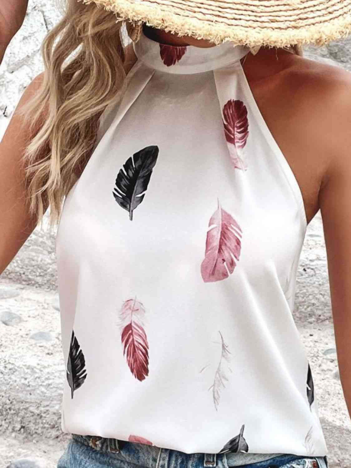 Heather Feather Print Grecian Neck Tank