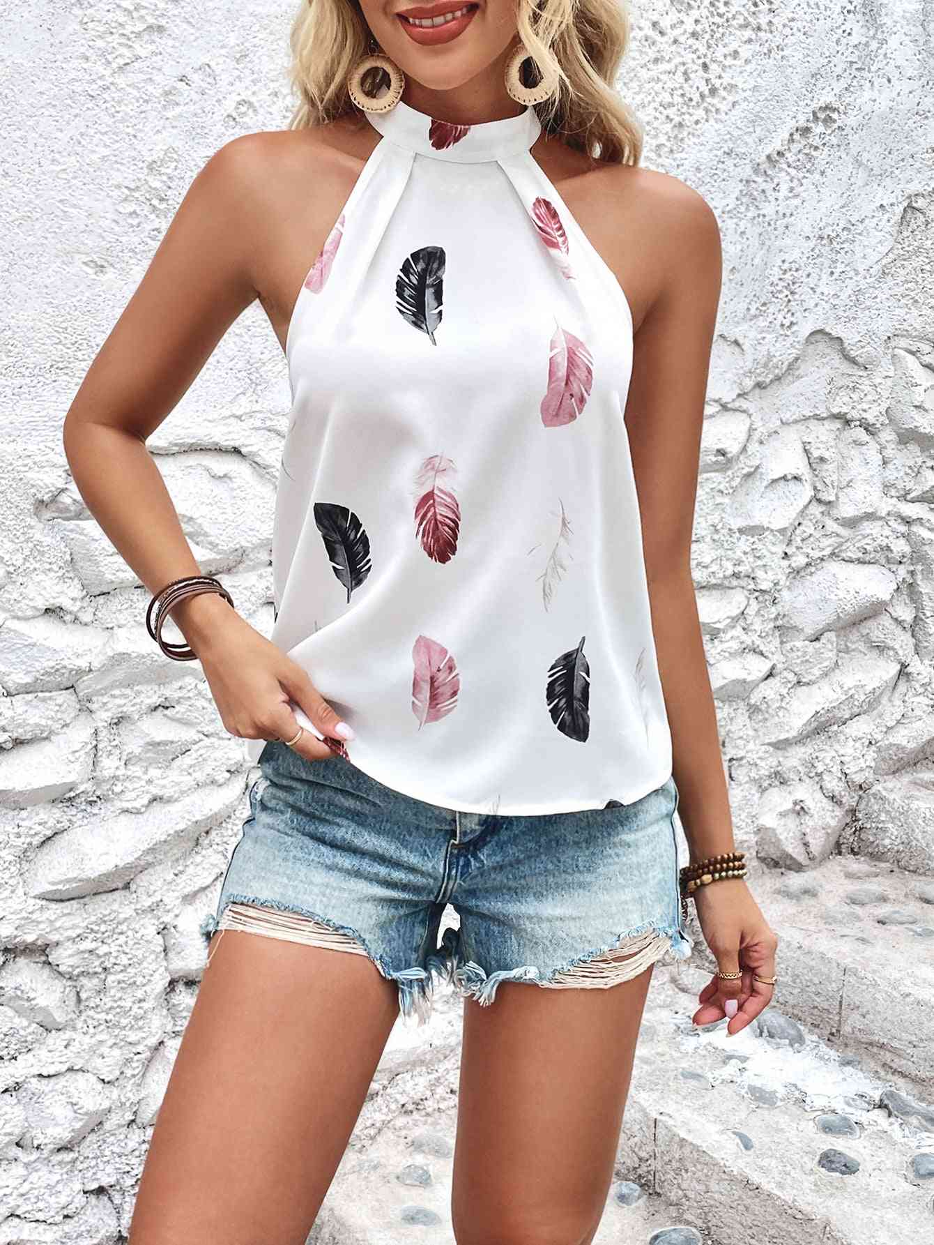 Heather Feather Print Grecian Neck Tank