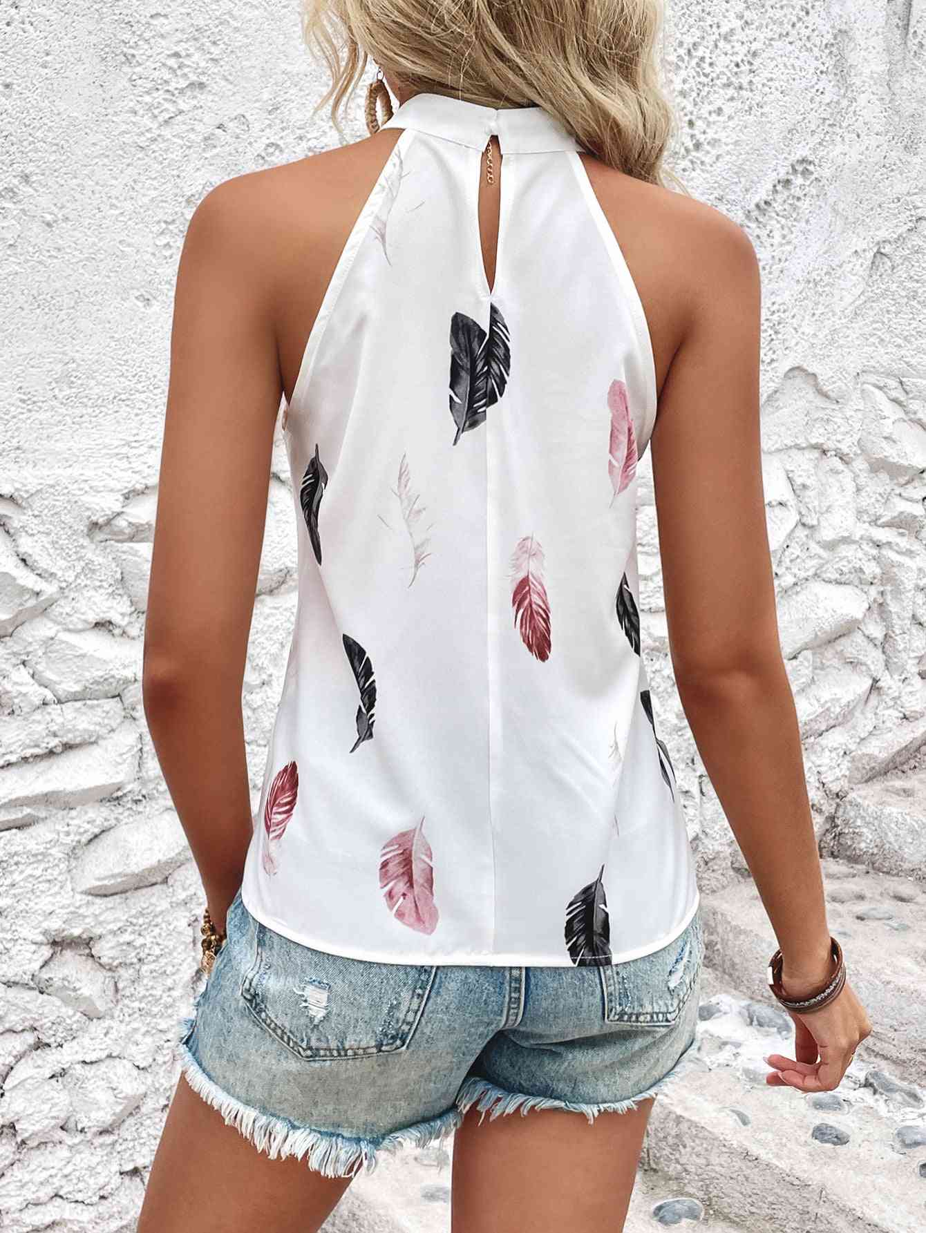 Heather Feather Print Grecian Neck Tank