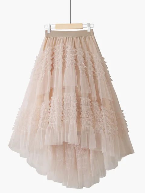 XFPV 2023 New Autumn Summer Fashion High Waist Lace Irregular Solid Color Cake Swing Stitching Mesh Skirt Women SM1971
