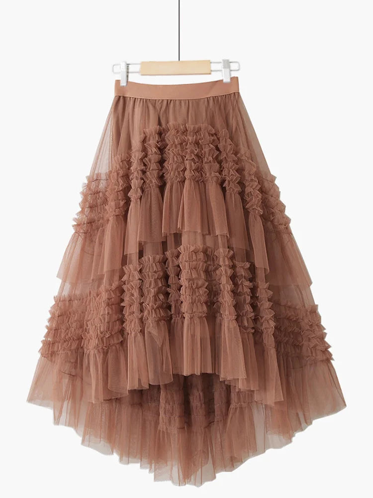 XFPV 2023 New Autumn Summer Fashion High Waist Lace Irregular Solid Color Cake Swing Stitching Mesh Skirt Women SM1971