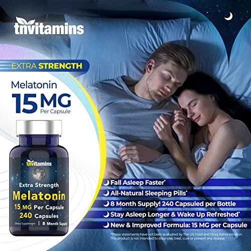 tnvitamins Melatonin 15 MG Per Capsule (240 Capsules) | All-Natural Sleeping Pills for Adults | Extra Strength Melatonin | Nighttime Sleep Aid | Natural Sleep Support Supplement