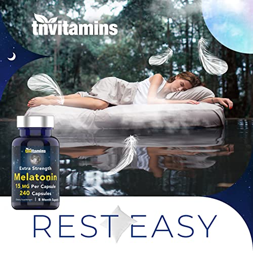 tnvitamins Melatonin 15 MG Per Capsule (240 Capsules) | All-Natural Sleeping Pills for Adults | Extra Strength Melatonin | Nighttime Sleep Aid | Natural Sleep Support Supplement