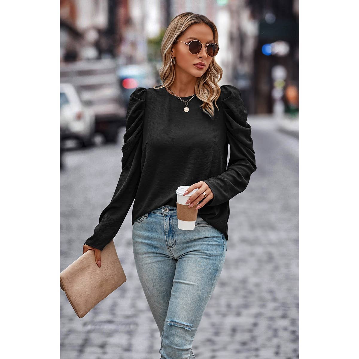 Black Elegant Mock Neck Pleated Puff Sleeve Loose Blouse