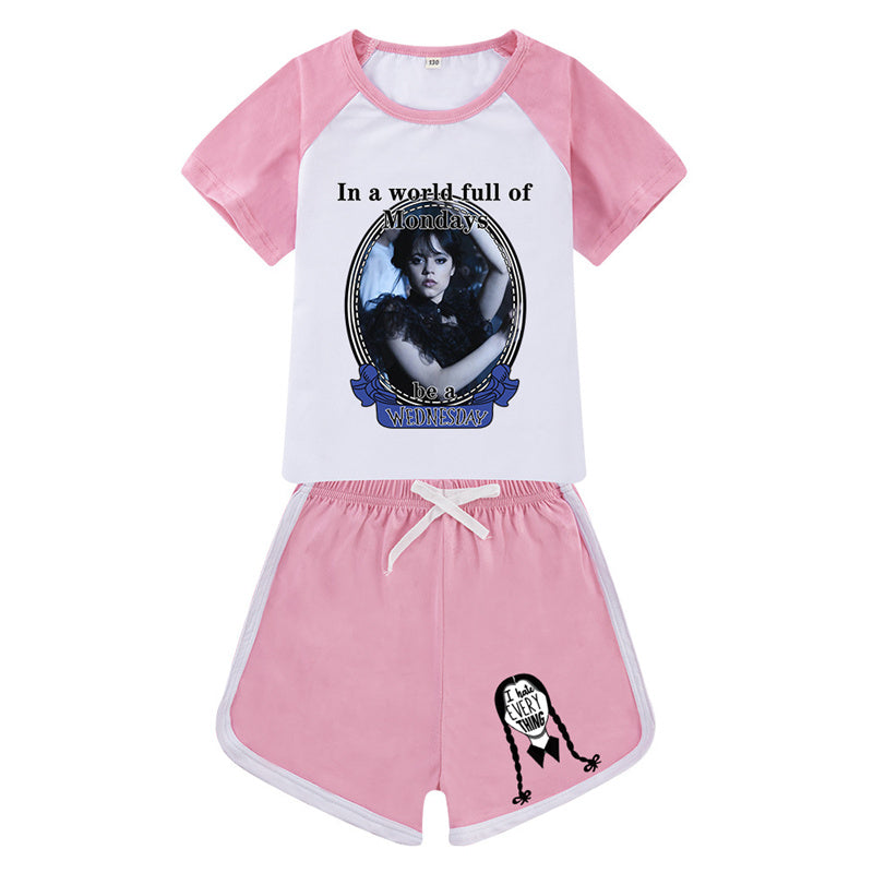 Wednesday Addams Sports Suit Nevermore Academy Sportswear T-shirt Shorts For Kids Summer