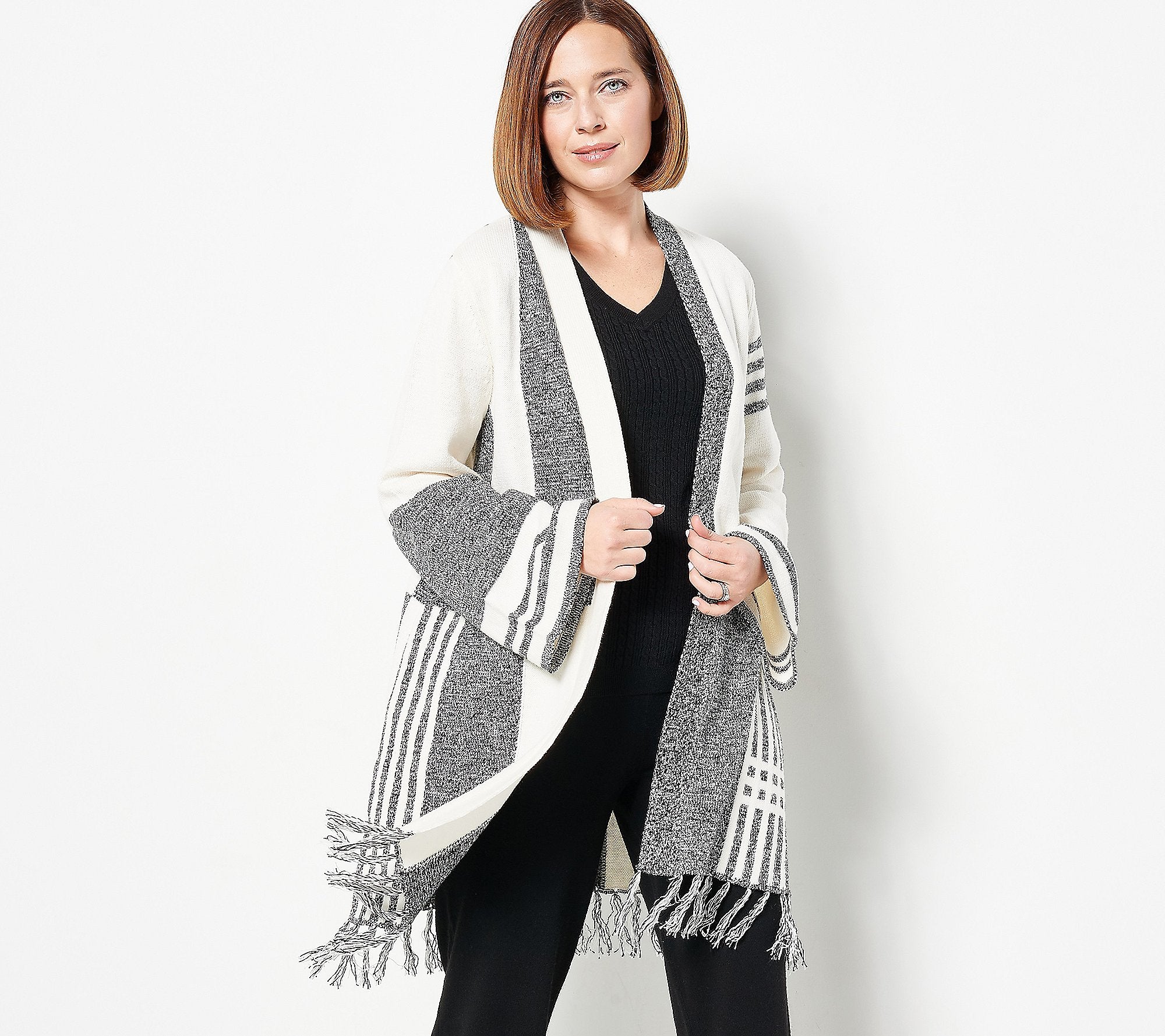 Modern Soul Patchwork Stripe Sweater Cardigan with Fringe