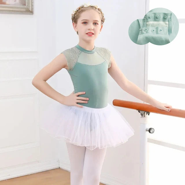 RUYBOZRY Girl's Ballet Leotard Dress for Dance Two Piece Set Short Sleeve Lace Gymnastics Leotards Tutu Dance Skirt Outfit