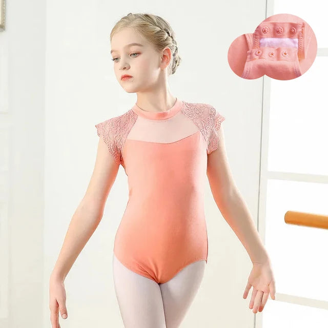 RUYBOZRY Girl's Ballet Leotard Dress for Dance Two Piece Set Short Sleeve Lace Gymnastics Leotards Tutu Dance Skirt Outfit
