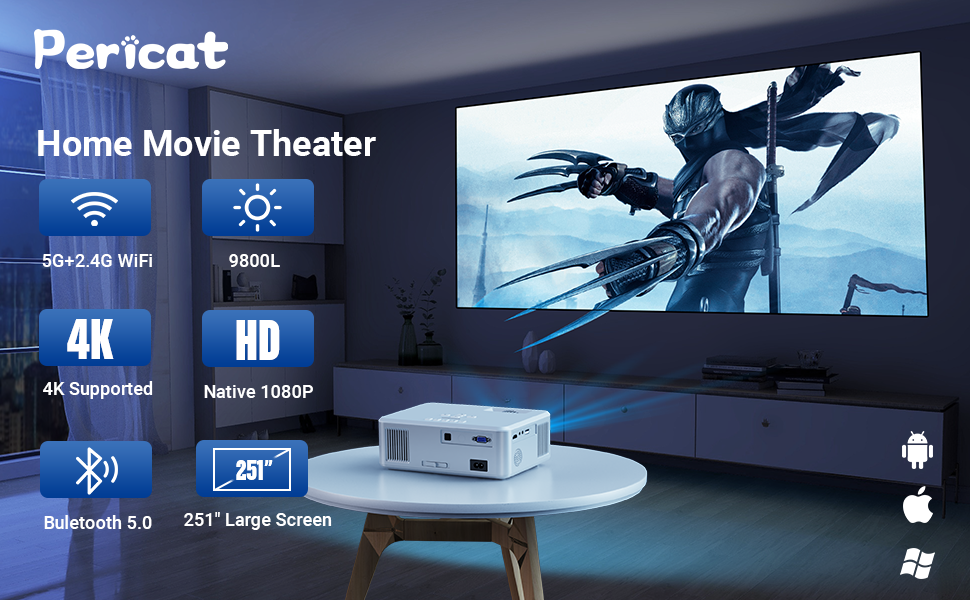Pericat Projector with WiFi and Bluetooth, 5G WiFi Native 1080P Movie