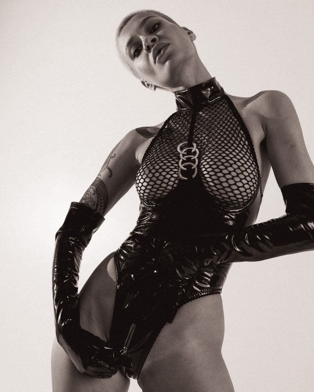 Fishnet and Latex Bodysuit with Ruffle Garters