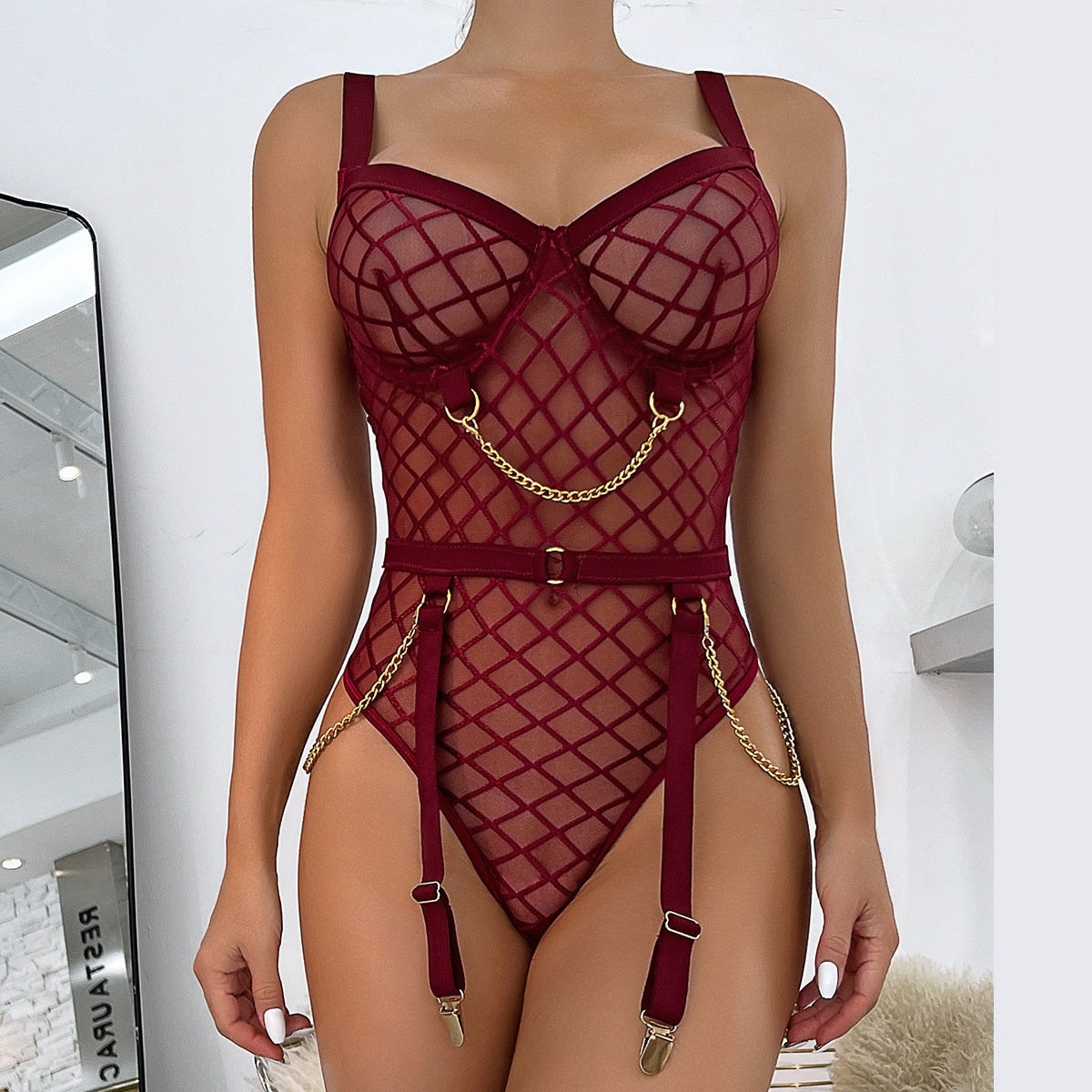 Provocative Chain Detail Lingerie Bodysuit with Crotchless Design