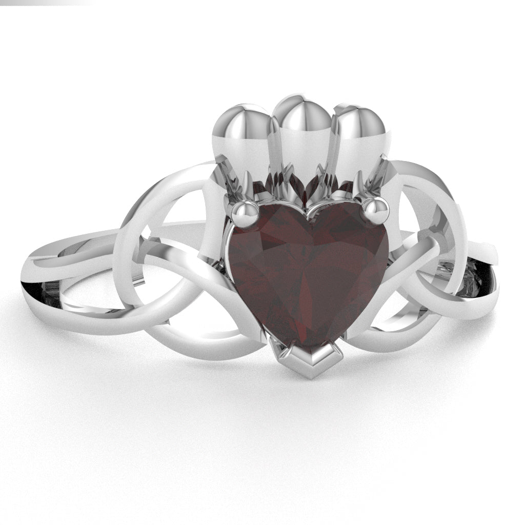 Celtic Trinity Knot Claddagh Garnet Engagement Ring In 10k White Gold