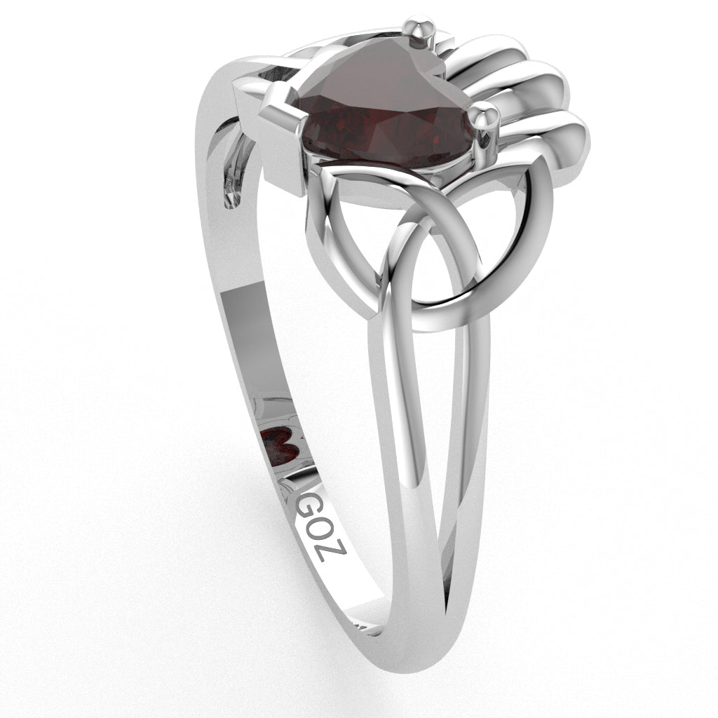 Celtic Trinity Knot Claddagh Garnet Engagement Ring In 10k White Gold