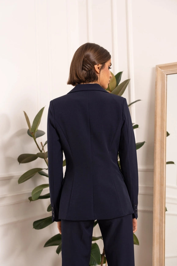 Timeless One-Button Fitted Plain Jacket Navy