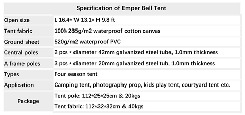 Specification of Emperor Bell Tent 