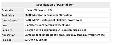 Specification of Pyramid Tent