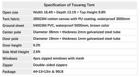 Specification of Touareg Tent 