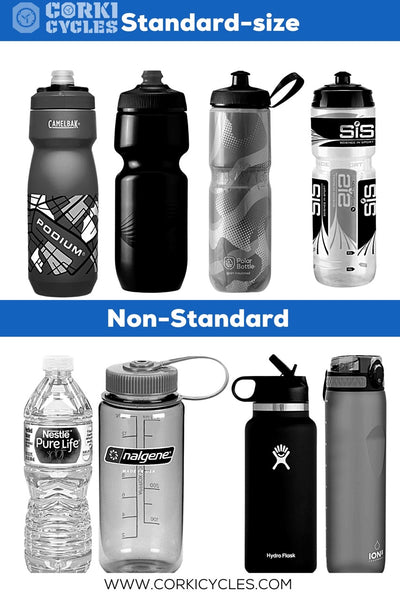 standard and non-standard bike water bottle - corki cycles