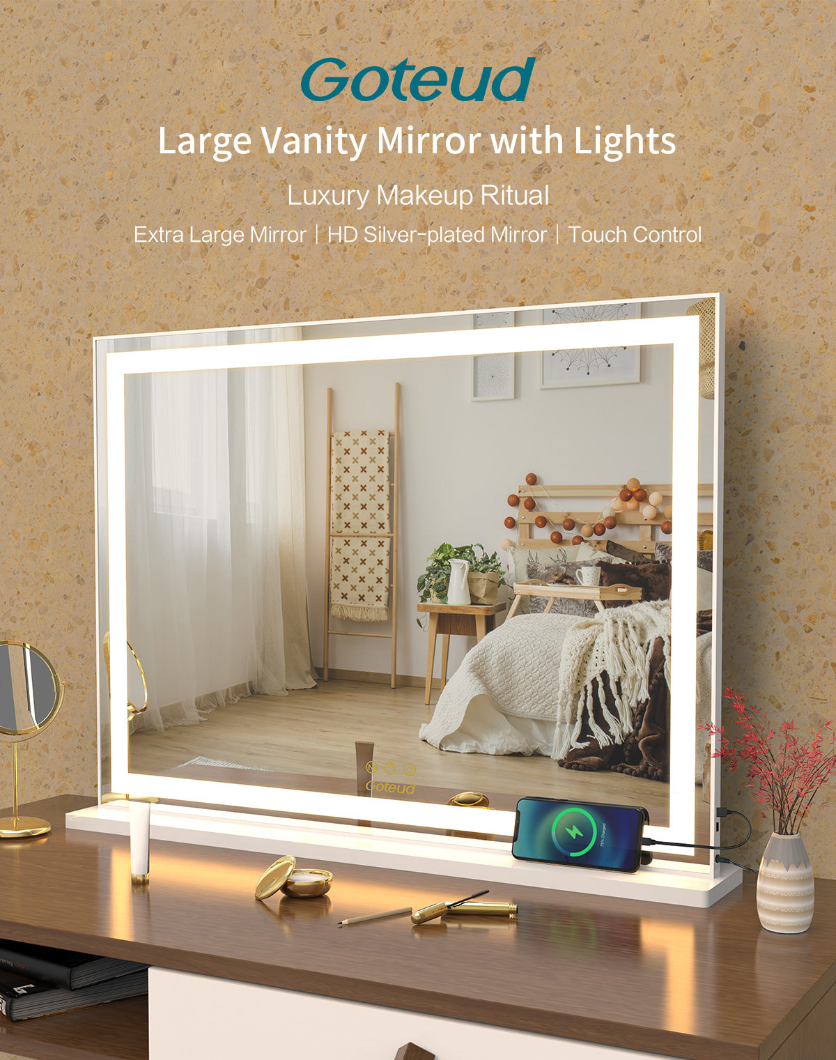 Lighted Large Tabletop Vanity Mirror with LED Backlit Lights for Dressing Room & Bedroom - Goteud