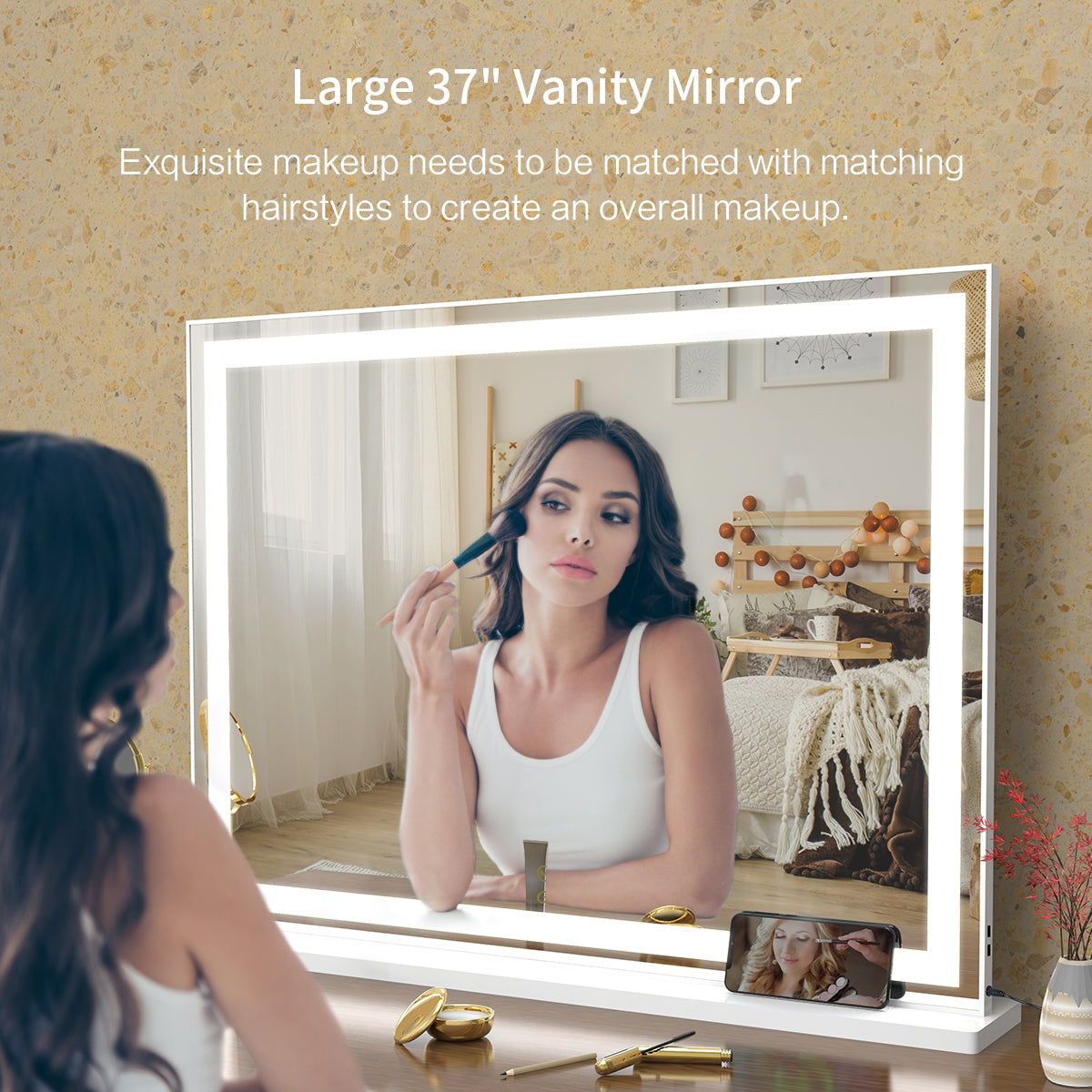 Lighted Large Tabletop Vanity Mirror with LED Backlit Lights for Dressing Room & Bedroom - Goteud