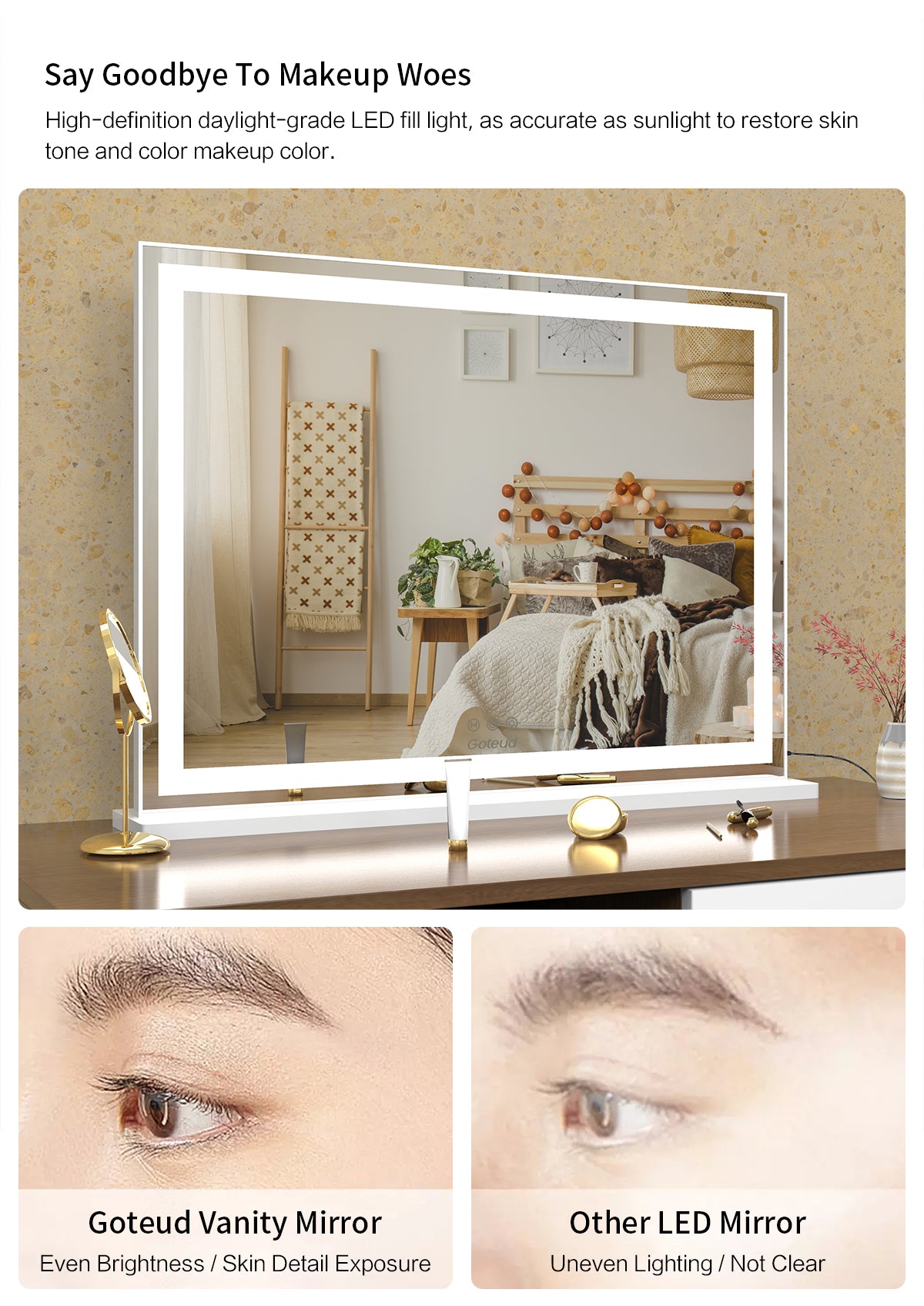 Lighted Large Tabletop Vanity Mirror with LED Backlit Lights for Dressing Room & Bedroom - Goteud
