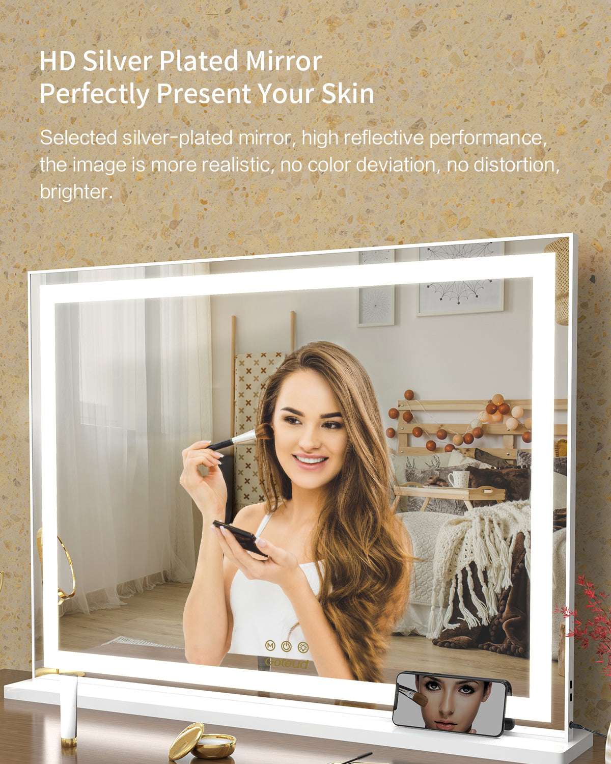 Lighted Large Tabletop Vanity Mirror with LED Backlit Lights for Dressing Room & Bedroom - Goteud