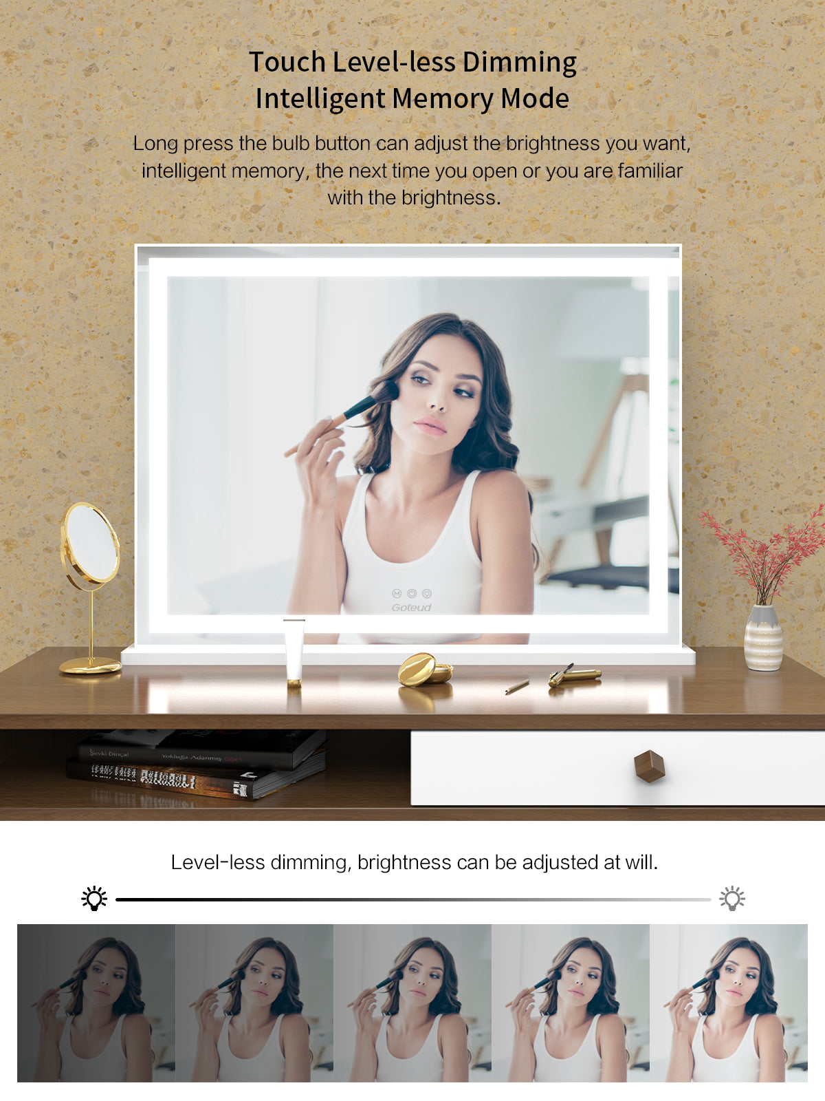 Lighted Large Tabletop Vanity Mirror with LED Backlit Lights for Dressing Room & Bedroom - Goteud